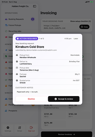 A new customer booking request on an iPad, showing pickup and delivery contacts, date, package, quoted price and the accept or decline choice.