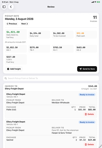 The Nado invoicing review screen on an iPad: a day&rsquo;s delivered jobs grouped by the customer being invoiced, each line showing package, quantity, price and total.