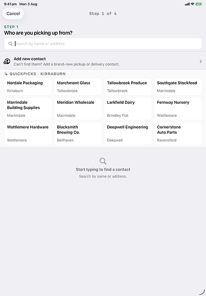 Step 1 of the Nado Add Pickup wizard on an iPad: choosing who the freight is being picked up from, with a grid of quickpick contacts.