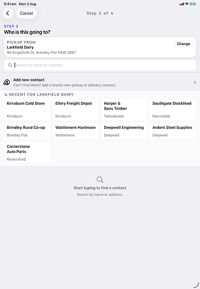 Step 2 of the Nado Add Pickup wizard: choosing the delivery contact, with recent destinations for this customer listed.