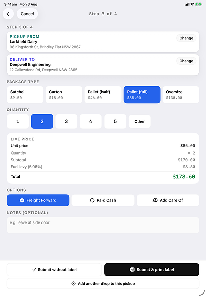 Step 3 of the Nado Add Pickup wizard: package type and quantity selected, with the live price and fuel levy calculated.