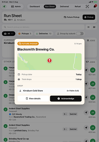 A driver&rsquo;s run sheet on an iPad with a new future-pickup card on top, showing the customer, the pickup date and the drop, waiting to be acknowledged.
