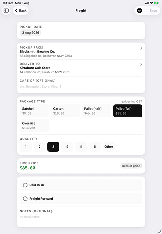 Editing a freight line on an iPad: package type and quantity selected as tiles, the live price updating beneath them, and Save in the corner.