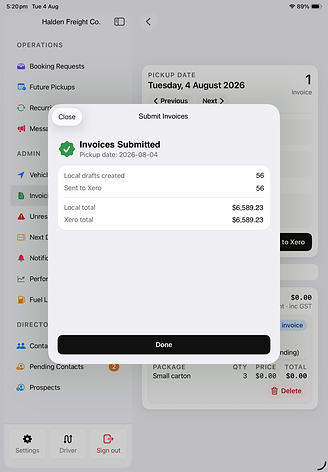 A confirmation on an iPad after submitting a day&rsquo;s invoicing, showing the number of invoices created and the total value for that pickup date.