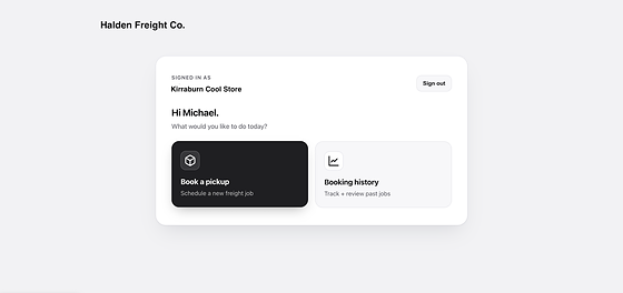 A courier&rsquo;s own branded booking page in a browser, with the customer signed in and offered a new pickup or their booking history.